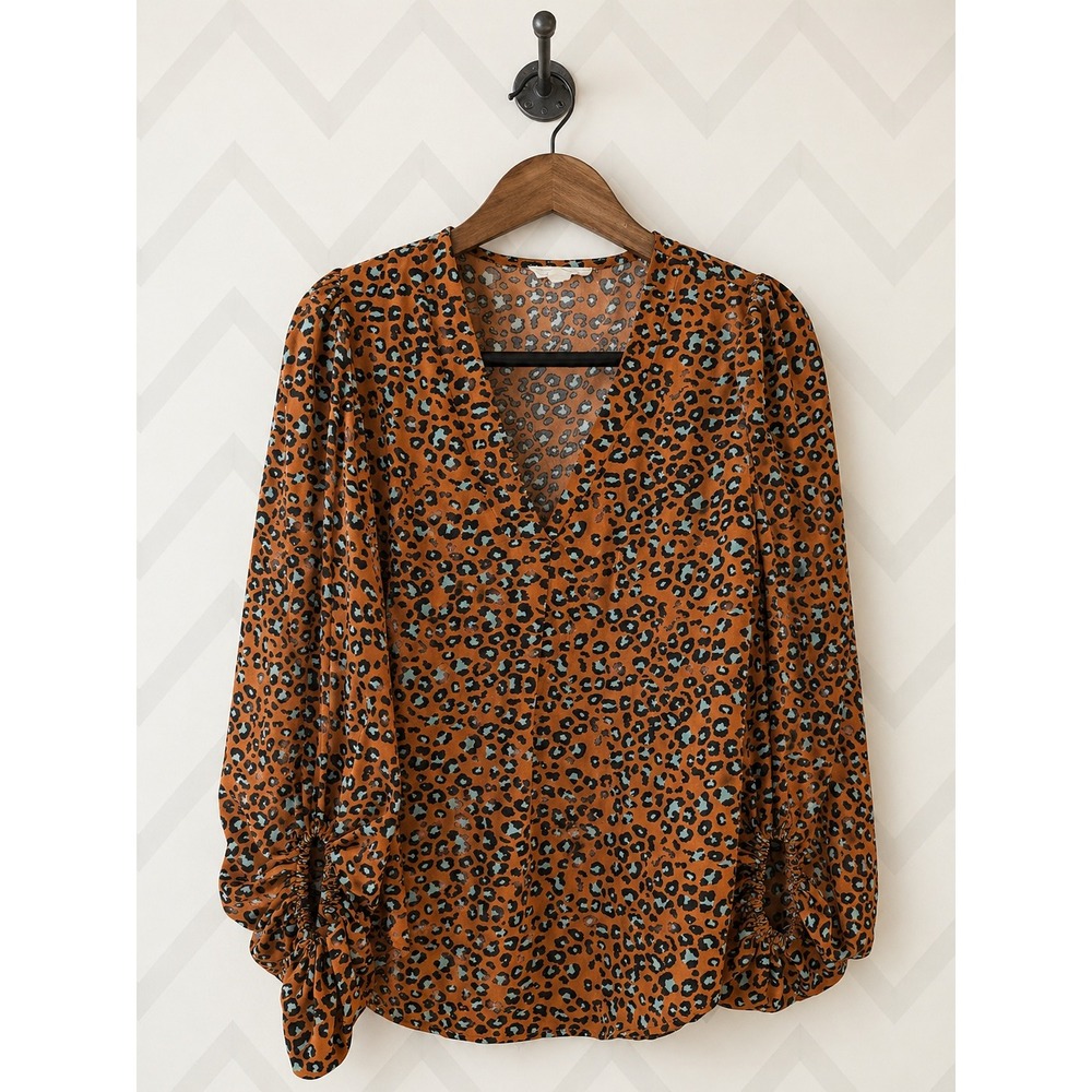 Sandy & Sid Print V-Neck Puff Sleeve Blouse Rust Orange Teal Size L